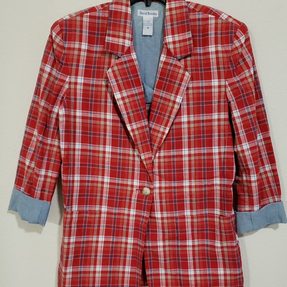 David Brooks Vintage Red Plaid Blazer Size Medium